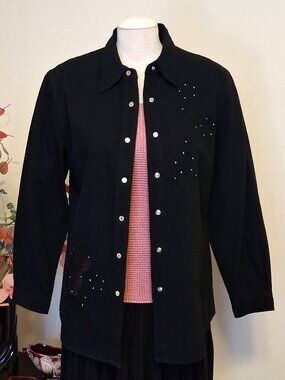 New Classic Black Embroidered Denim Shirt Chic Button-Down Jean Jacket 12